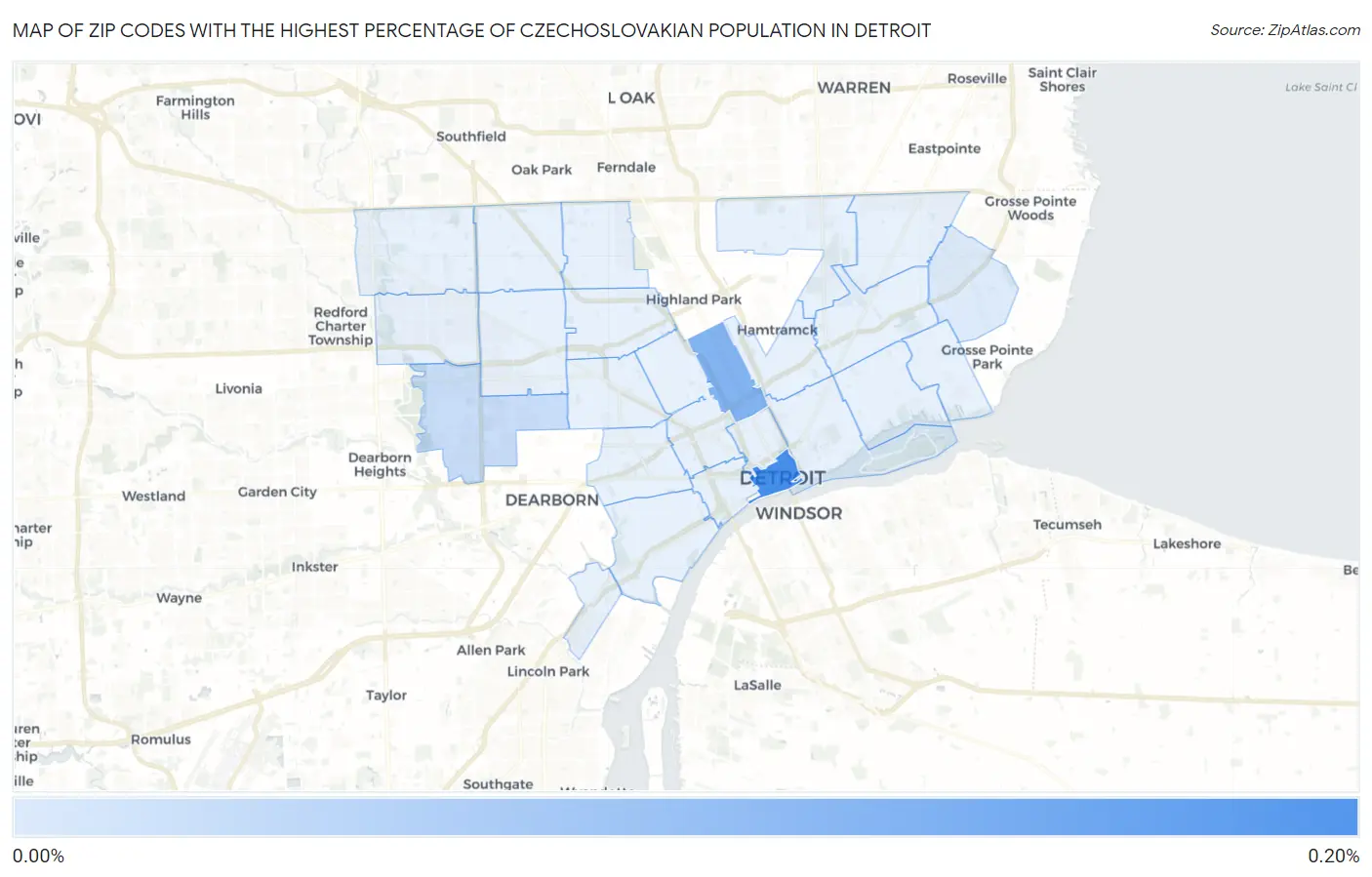 Zip Codes with the Highest Percentage of Czechoslovakian Population in Detroit Map