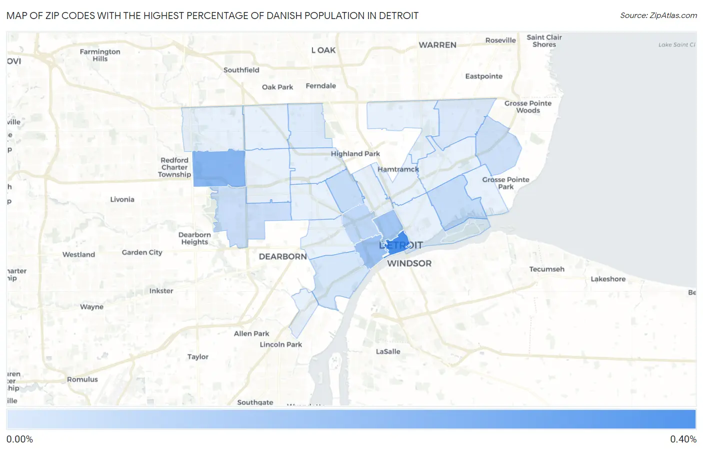 Zip Codes with the Highest Percentage of Danish Population in Detroit Map