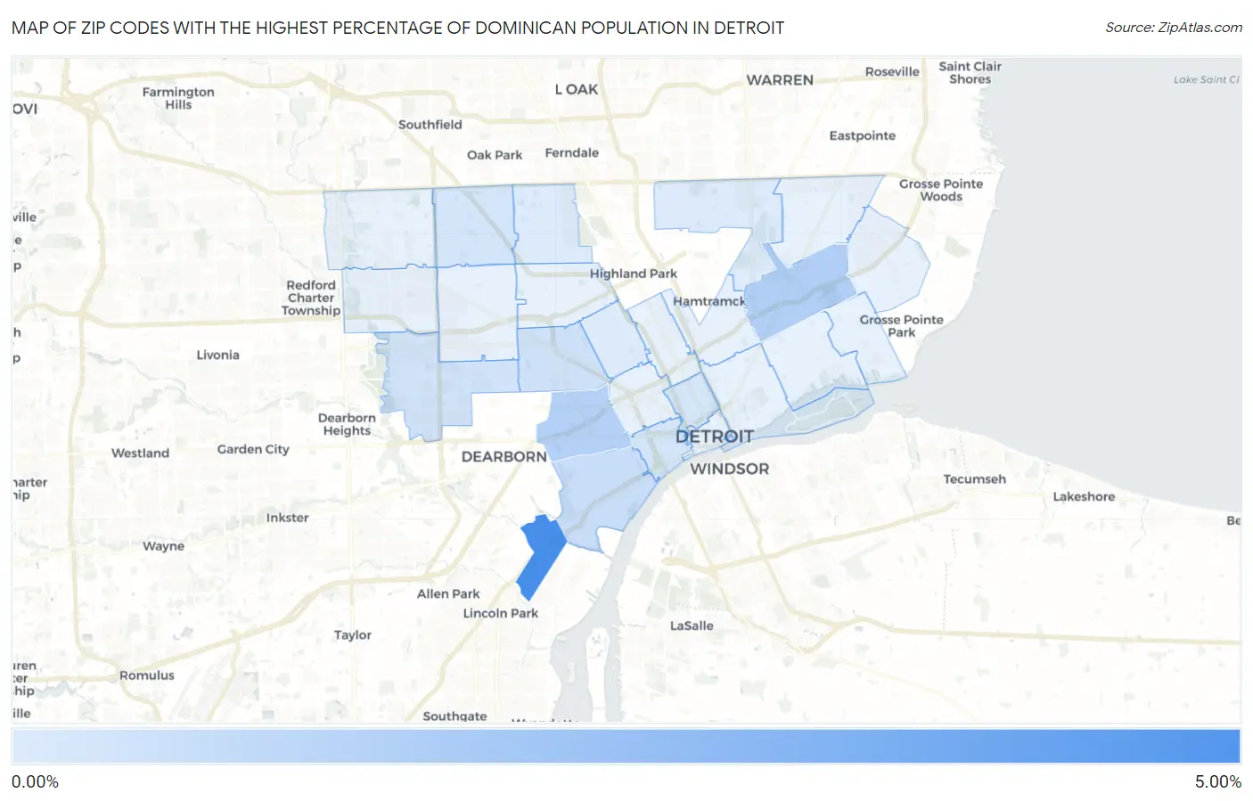 Zip Codes with the Highest Percentage of Dominican Population in Detroit Map