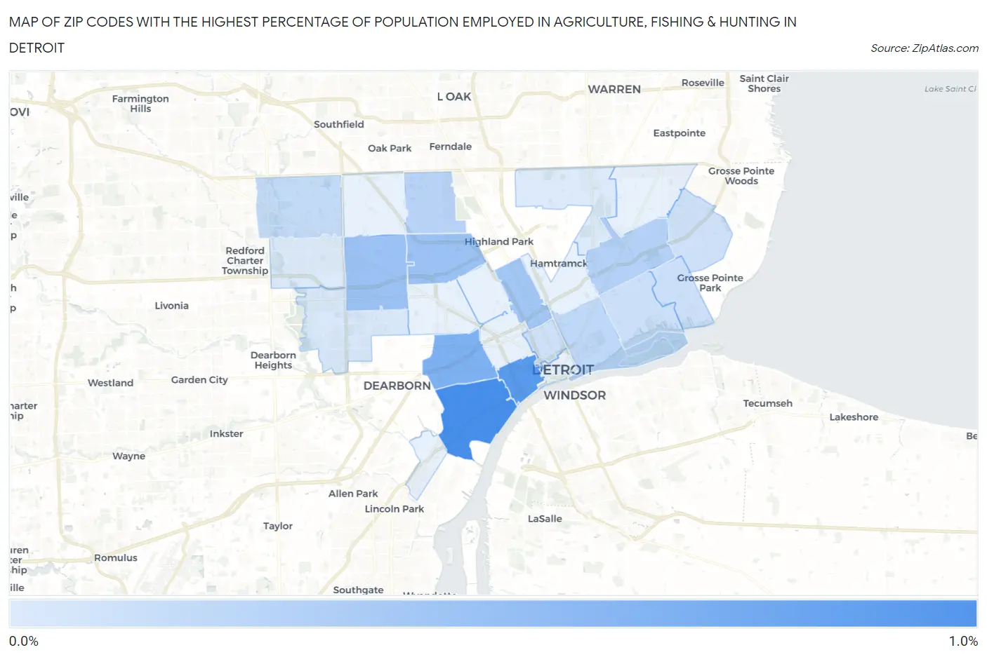 Zip Codes with the Highest Percentage of Population Employed in Agriculture, Fishing & Hunting in Detroit Map