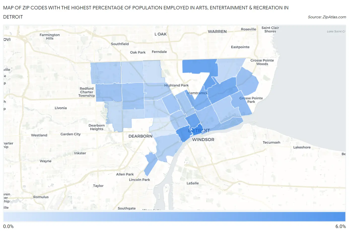 Zip Codes with the Highest Percentage of Population Employed in Arts, Entertainment & Recreation in Detroit Map