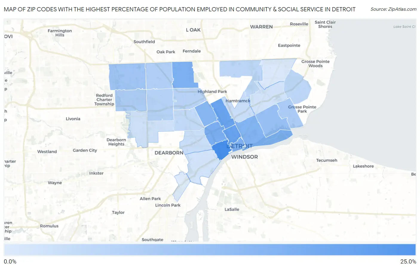 Zip Codes with the Highest Percentage of Population Employed in Community & Social Service  in Detroit Map