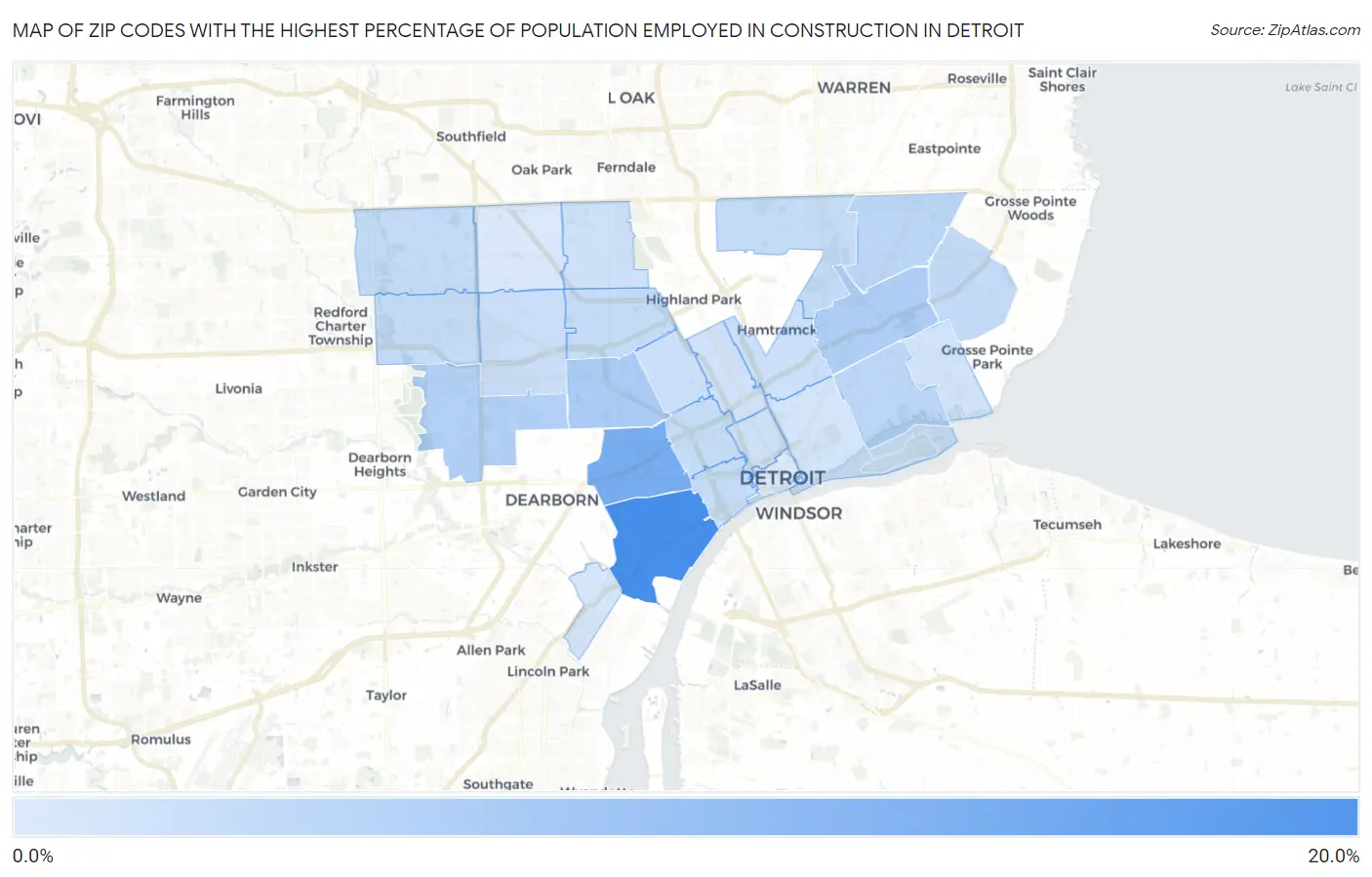 Zip Codes with the Highest Percentage of Population Employed in Construction in Detroit Map