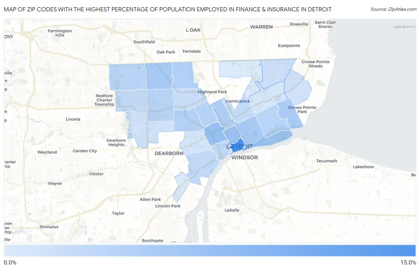 Zip Codes with the Highest Percentage of Population Employed in Finance & Insurance in Detroit Map