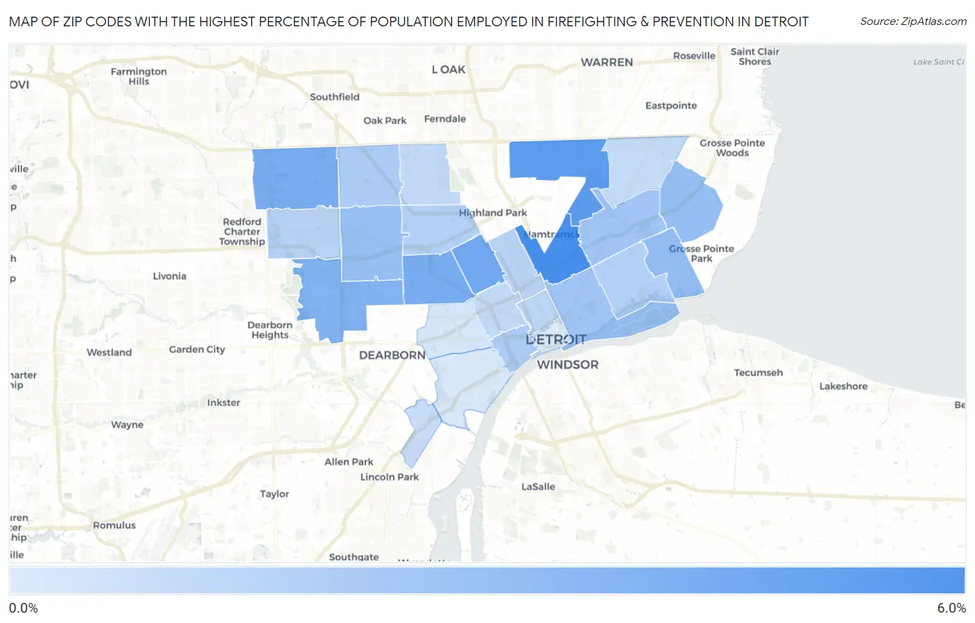 Zip Codes with the Highest Percentage of Population Employed in Firefighting & Prevention in Detroit Map