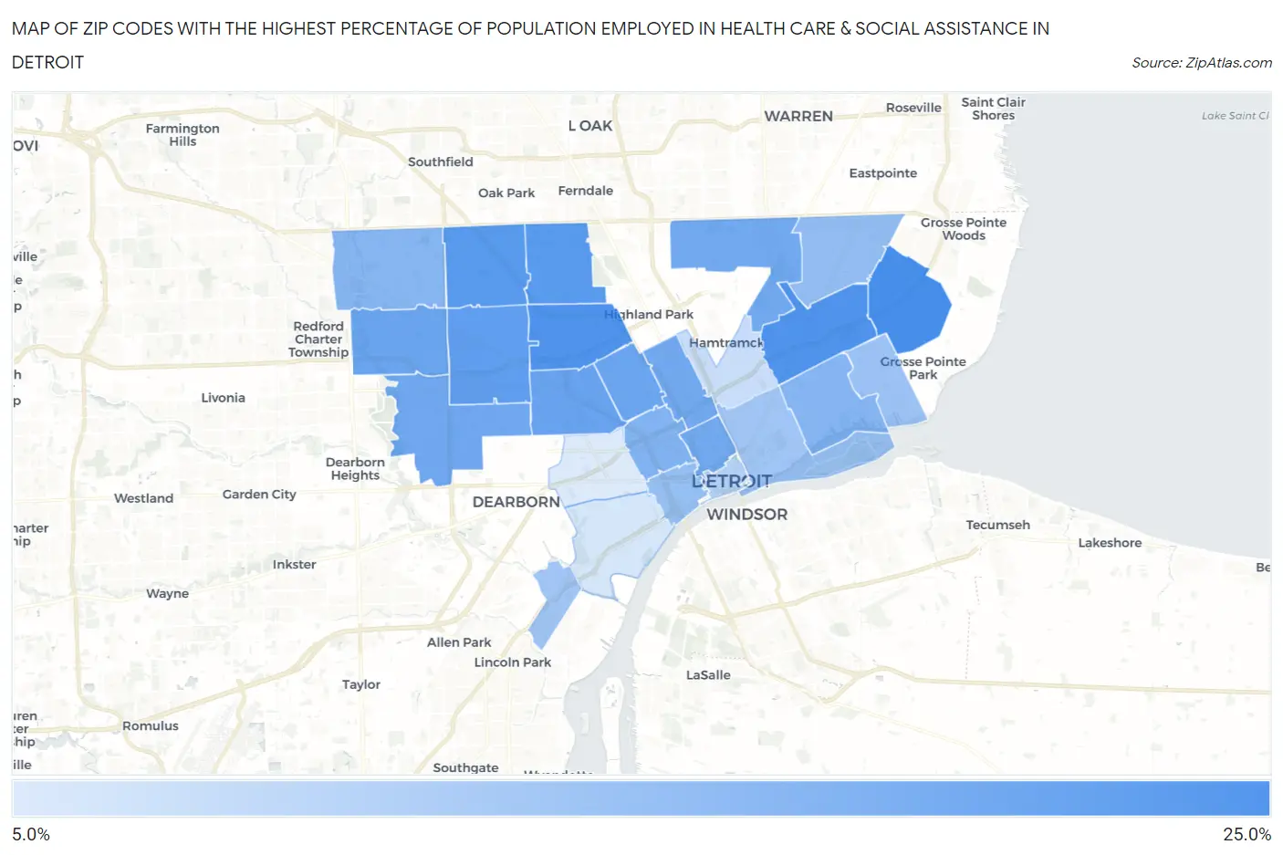 Zip Codes with the Highest Percentage of Population Employed in Health Care & Social Assistance in Detroit Map