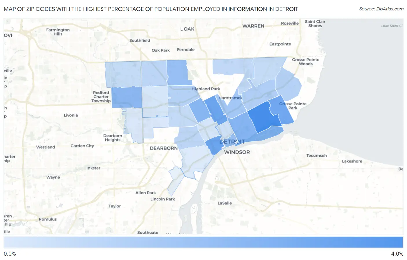 Zip Codes with the Highest Percentage of Population Employed in Information in Detroit Map