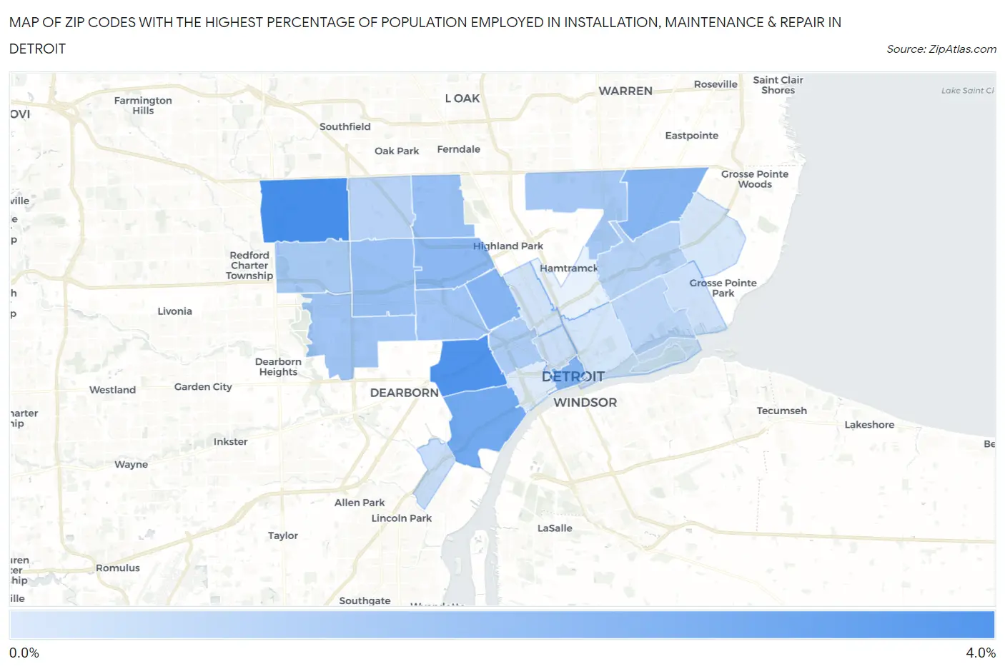 Zip Codes with the Highest Percentage of Population Employed in Installation, Maintenance & Repair in Detroit Map