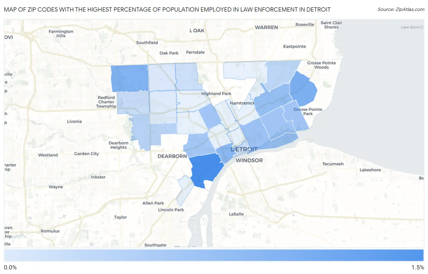 Zip Codes with the Highest Percentage of Population Employed in Law Enforcement in Detroit Map