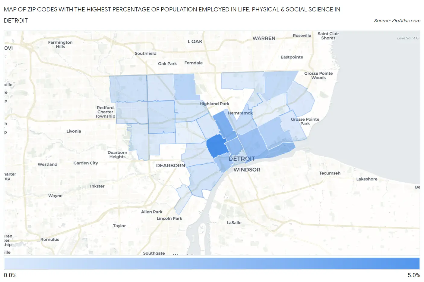 Zip Codes with the Highest Percentage of Population Employed in Life, Physical & Social Science in Detroit Map