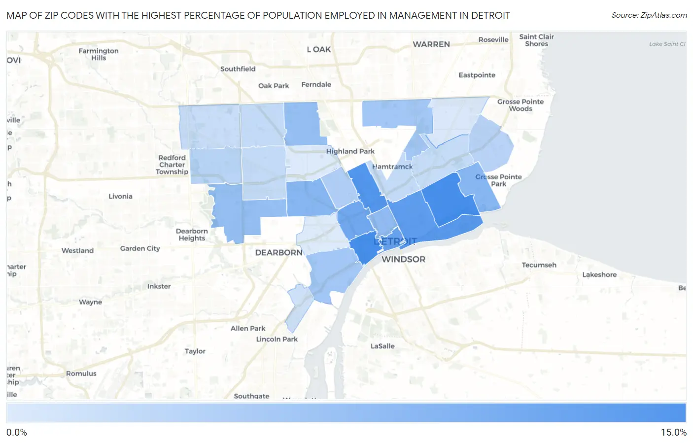 Zip Codes with the Highest Percentage of Population Employed in Management in Detroit Map