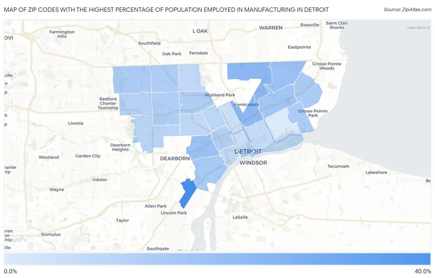Zip Codes with the Highest Percentage of Population Employed in Manufacturing in Detroit Map