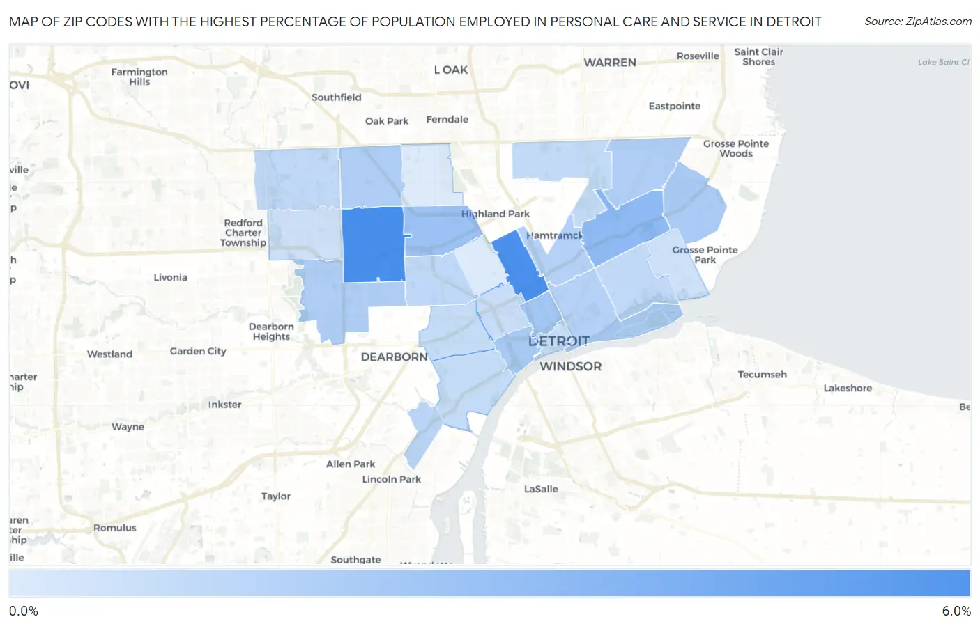 Zip Codes with the Highest Percentage of Population Employed in Personal Care and Service in Detroit Map