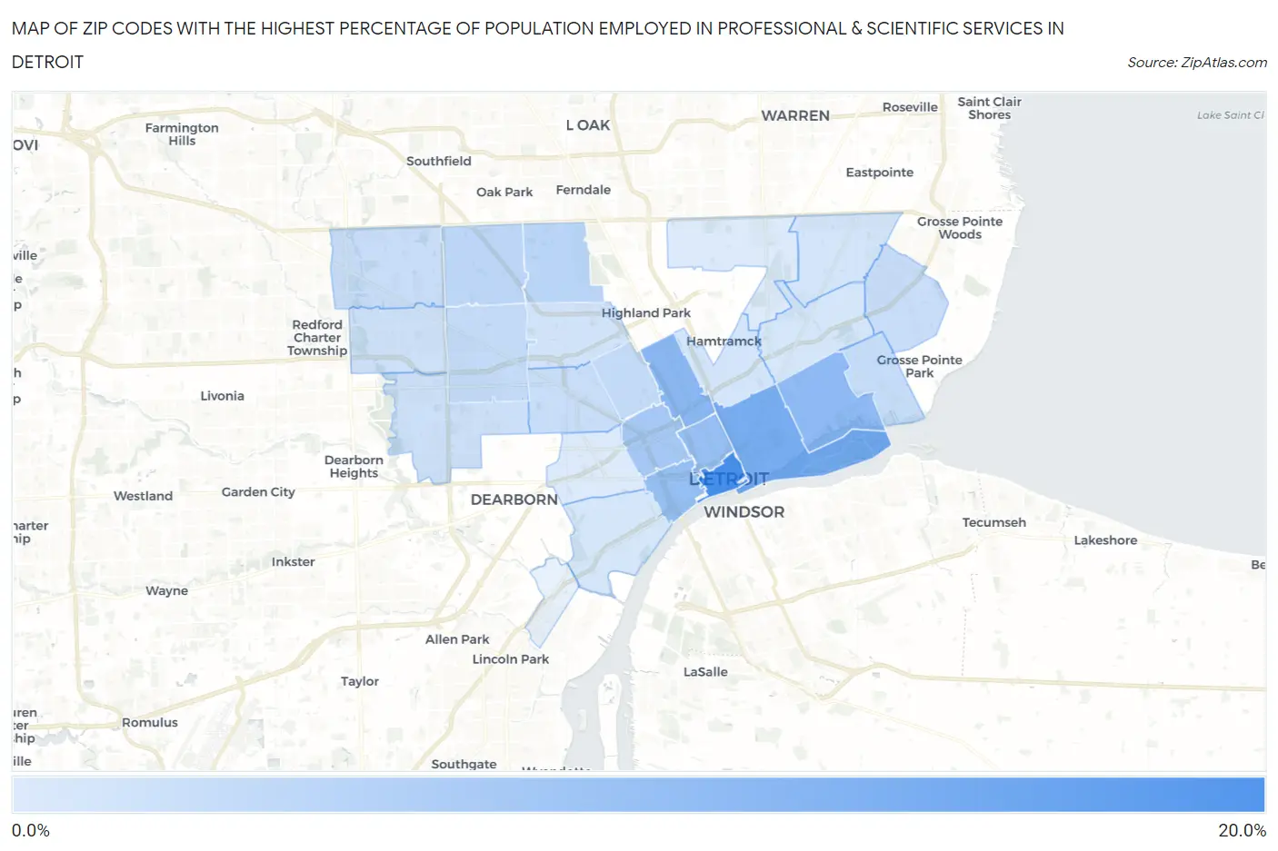 Zip Codes with the Highest Percentage of Population Employed in Professional & Scientific Services in Detroit Map