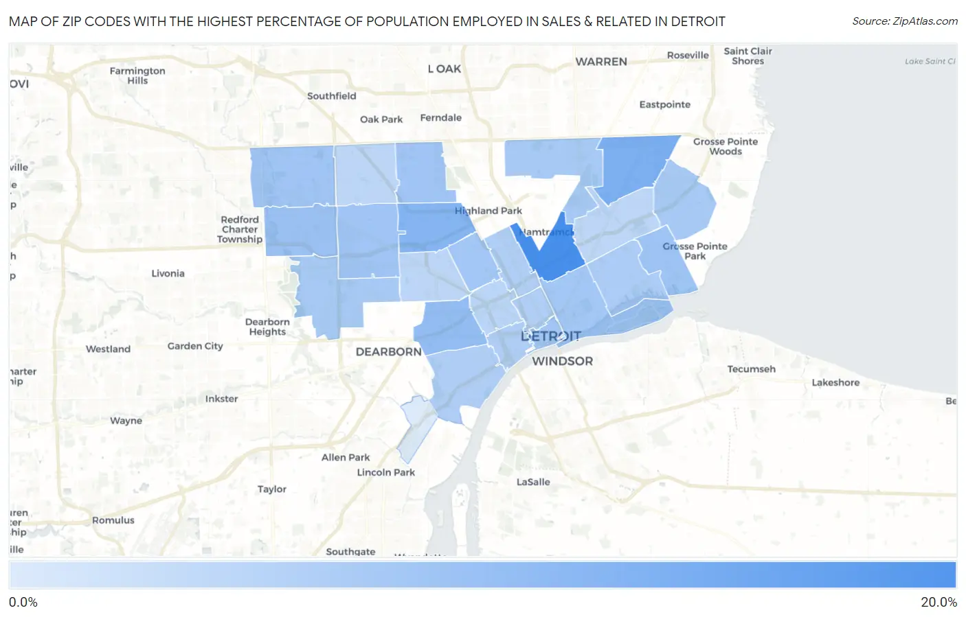 Zip Codes with the Highest Percentage of Population Employed in Sales & Related in Detroit Map