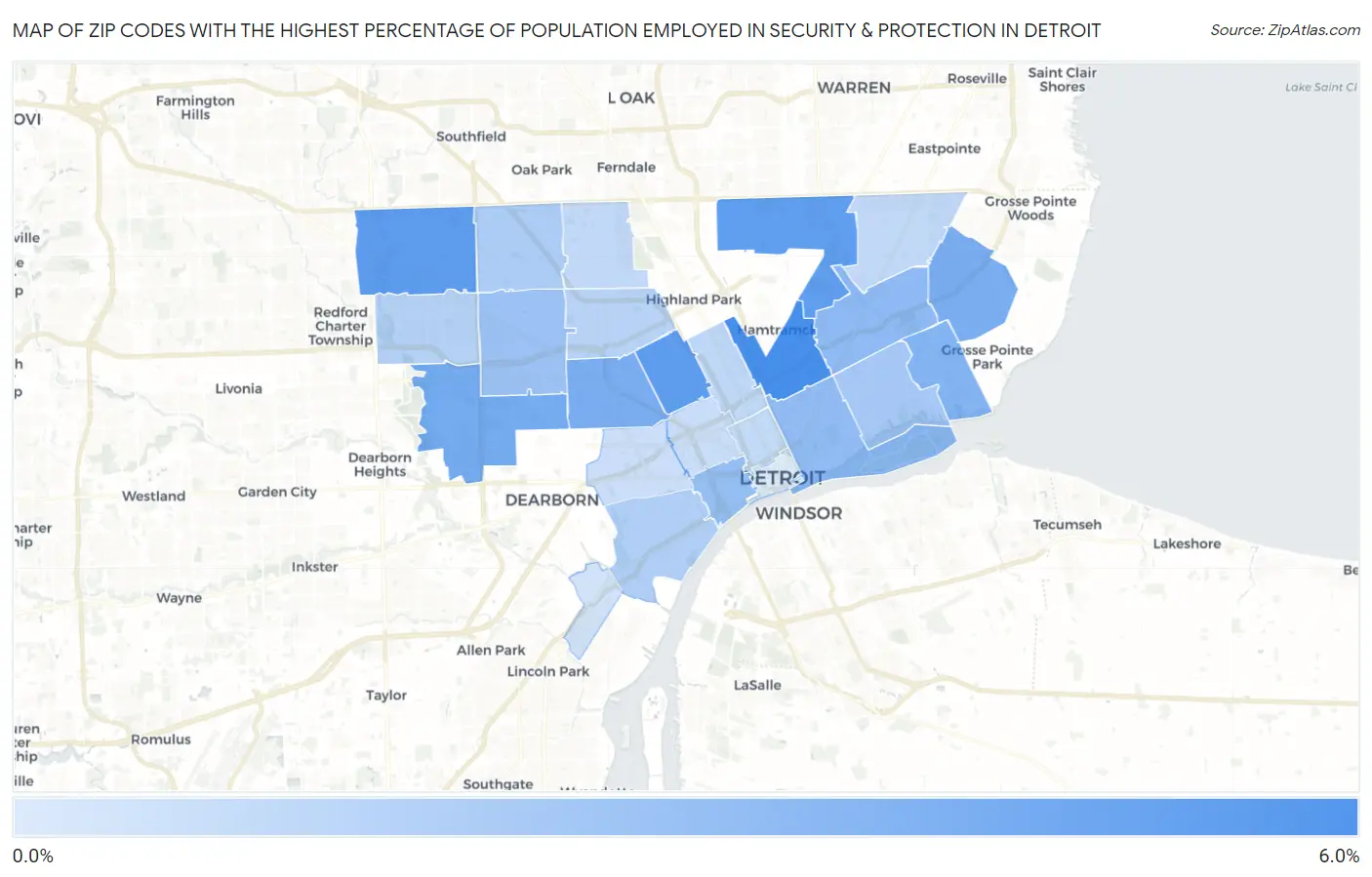 Zip Codes with the Highest Percentage of Population Employed in Security & Protection in Detroit Map