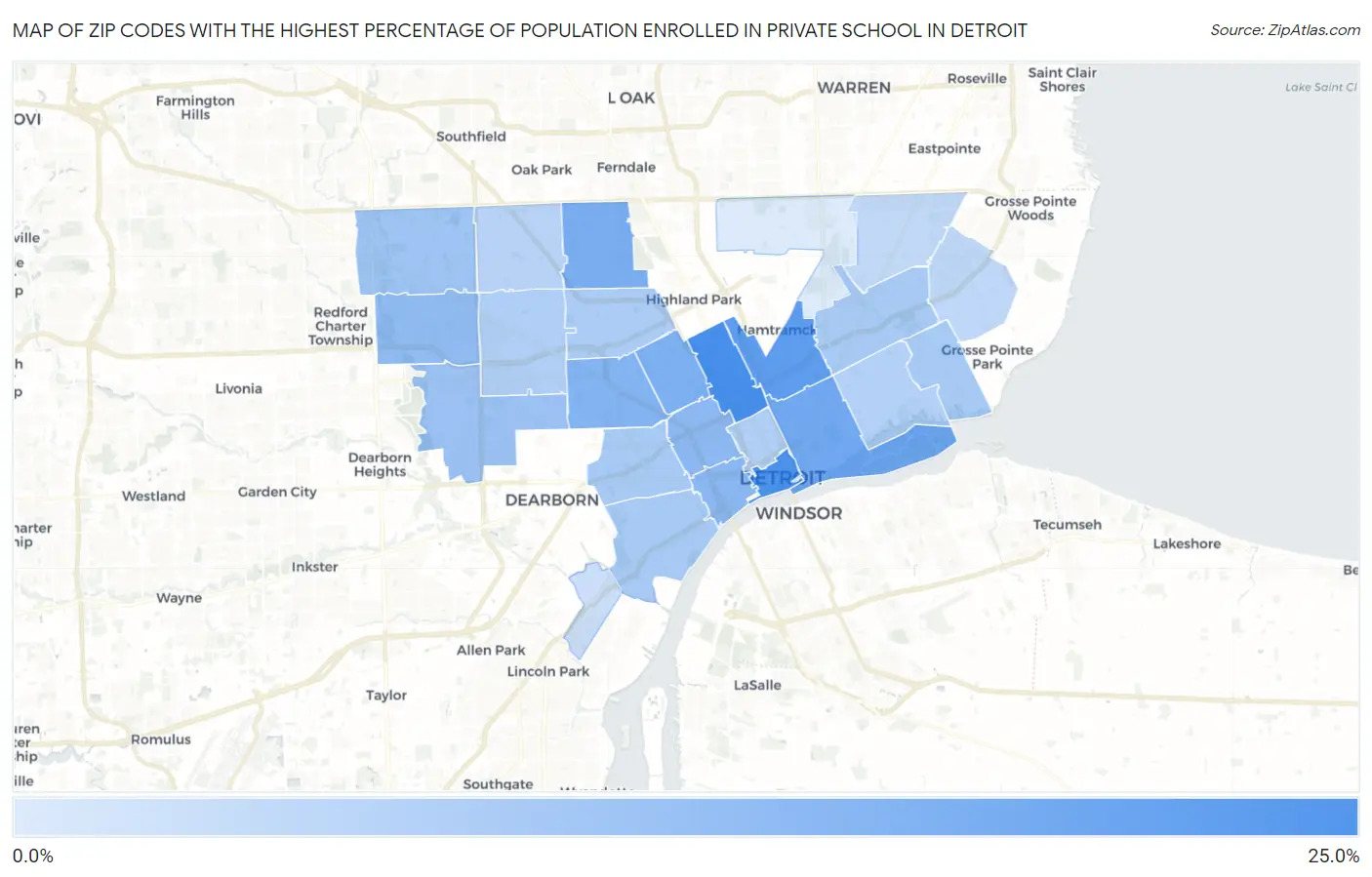 Zip Codes with the Highest Percentage of Population Enrolled in Private School in Detroit Map