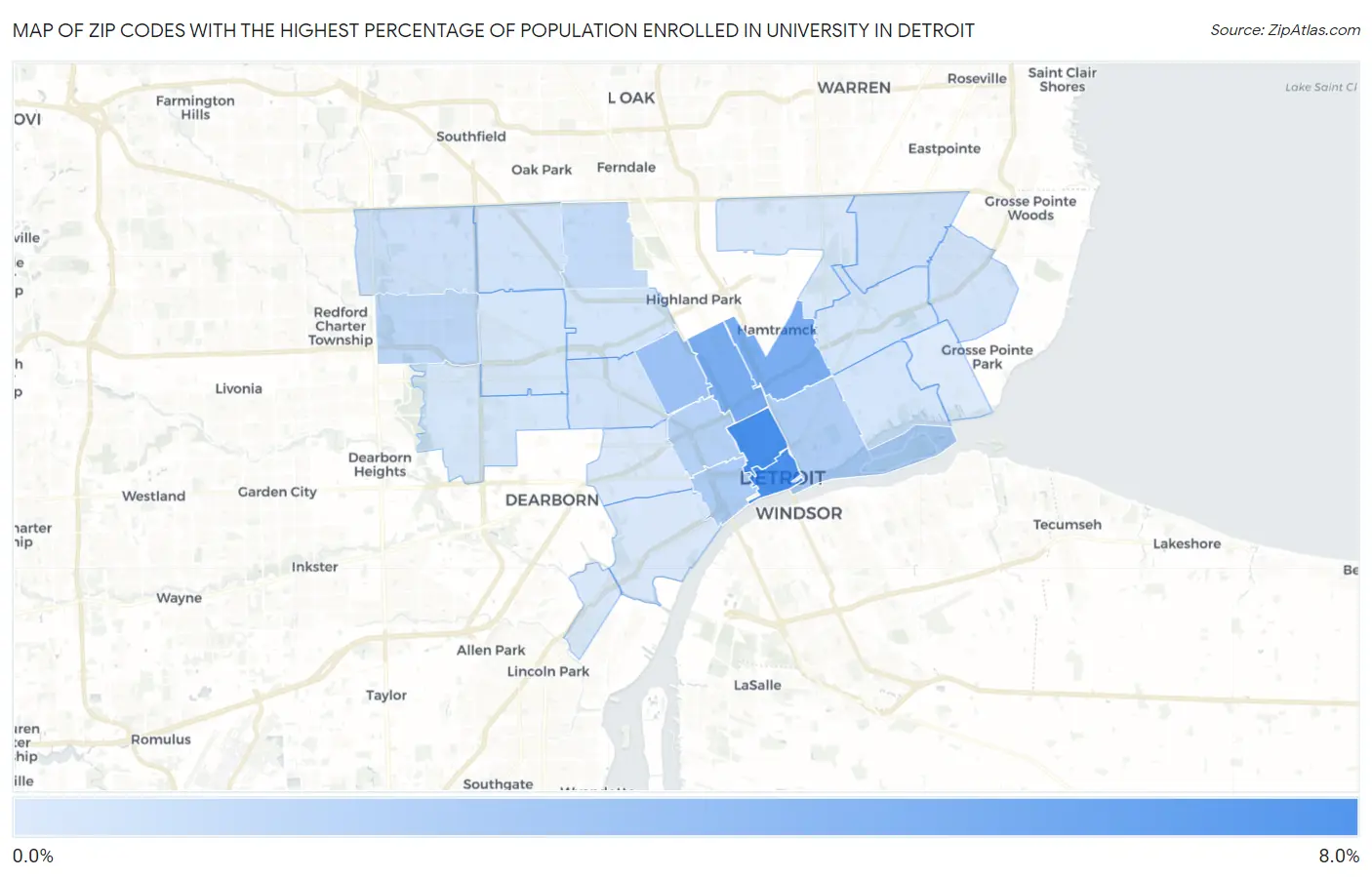 Zip Codes with the Highest Percentage of Population Enrolled in University in Detroit Map