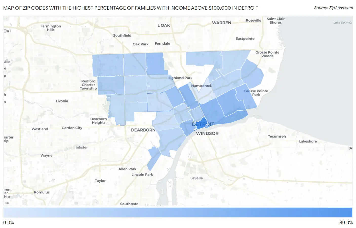Zip Codes with the Highest Percentage of Families with Income Above $100,000 in Detroit Map
