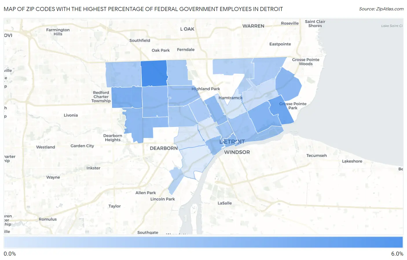 Zip Codes with the Highest Percentage of Federal Government Employees in Detroit Map