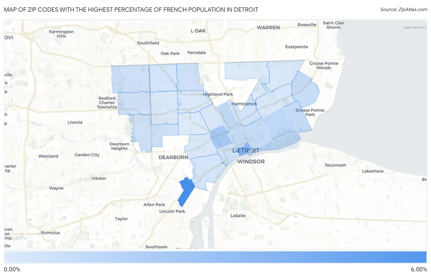 Zip Codes with the Highest Percentage of French Population in Detroit Map