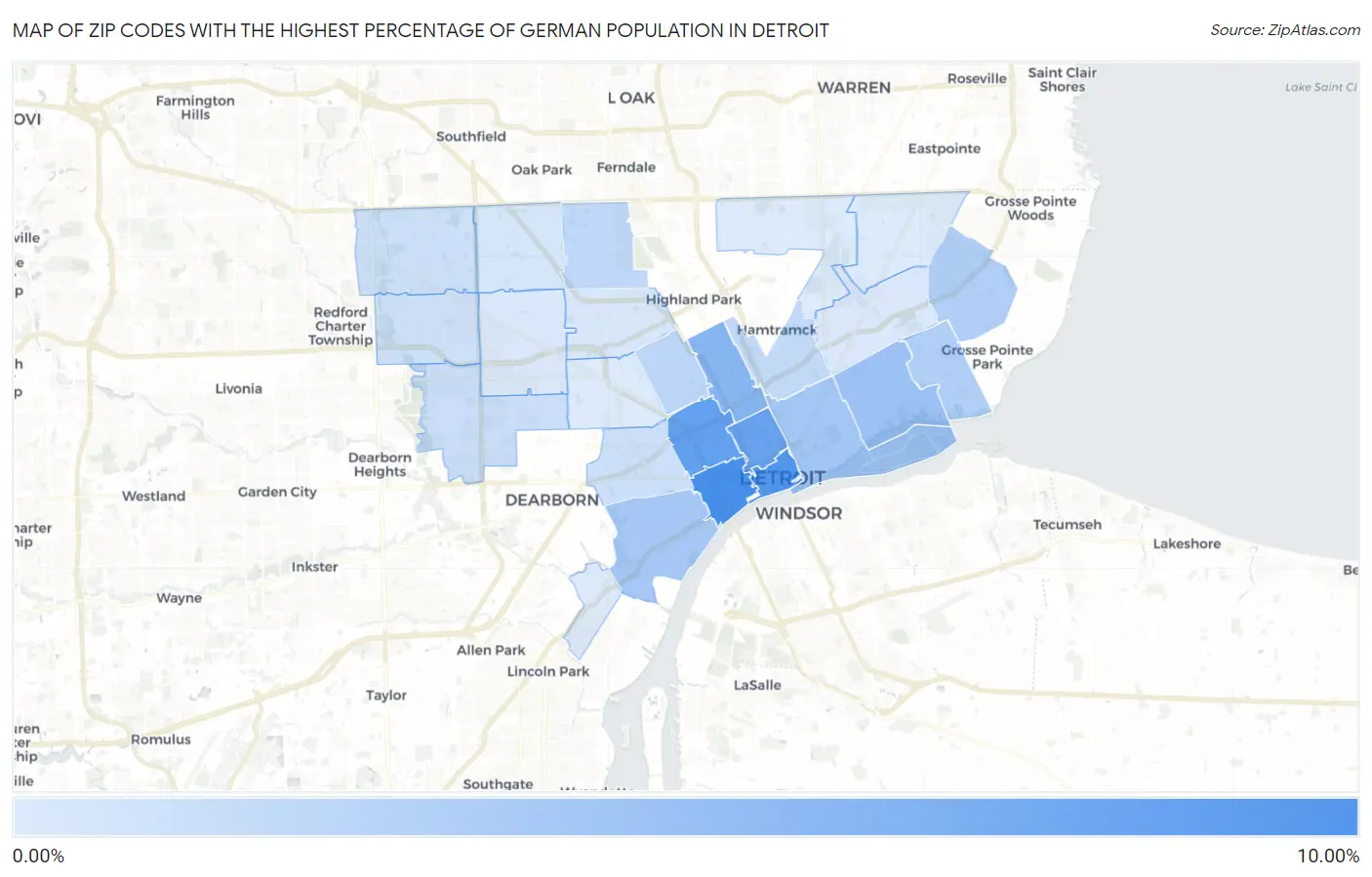 Zip Codes with the Highest Percentage of German Population in Detroit Map