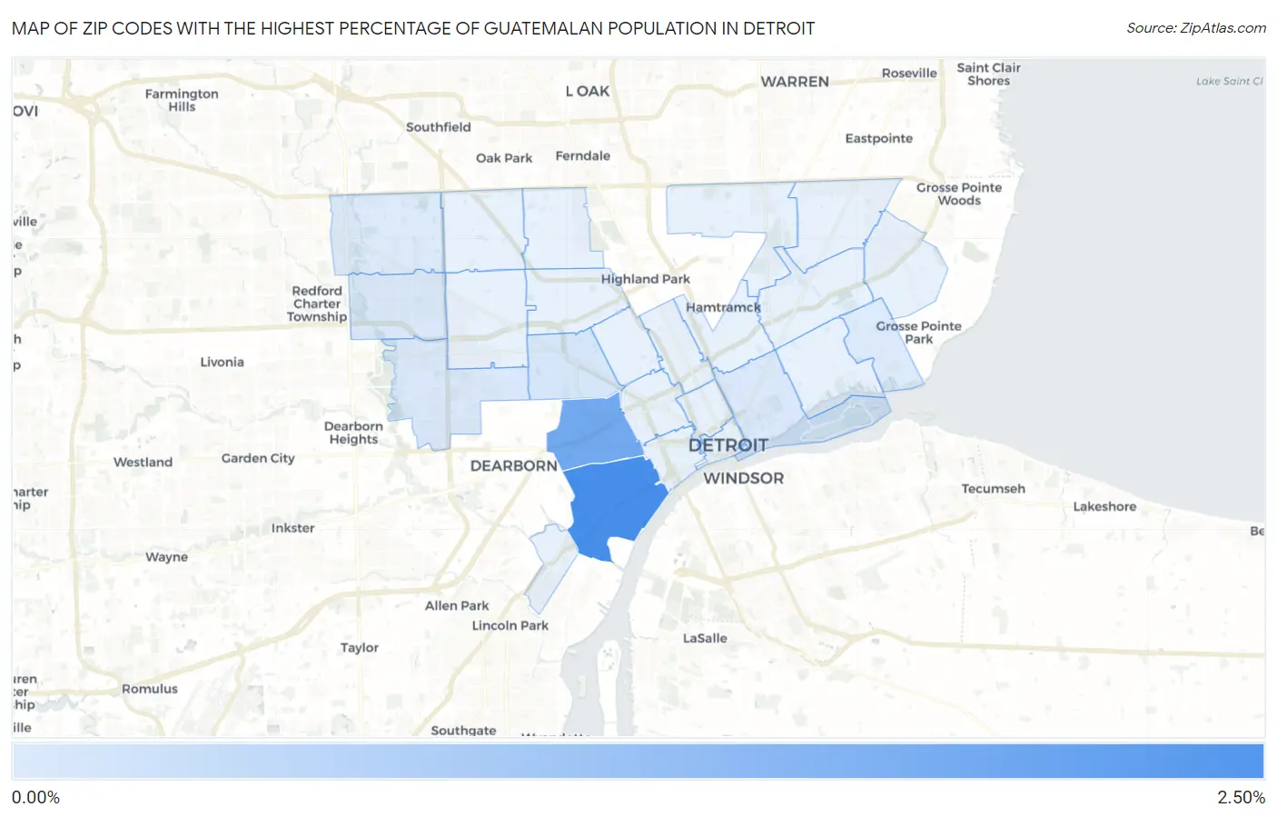 Zip Codes with the Highest Percentage of Guatemalan Population in Detroit Map