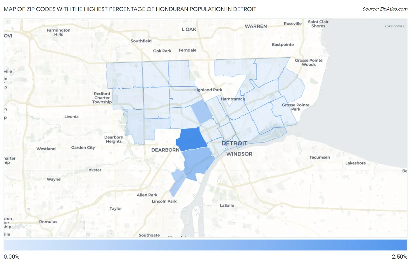 Zip Codes with the Highest Percentage of Honduran Population in Detroit Map