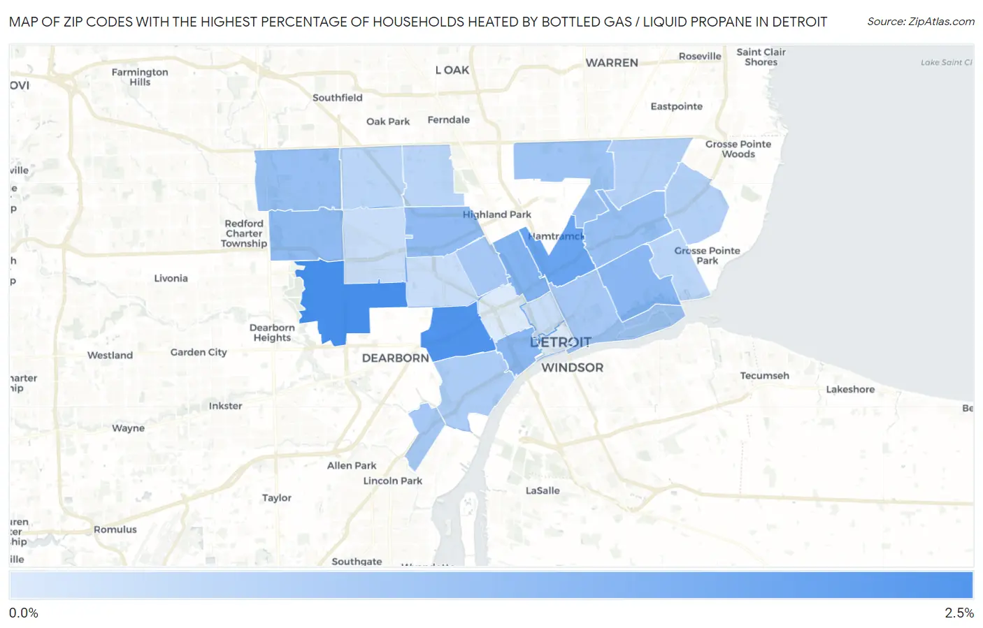 Zip Codes with the Highest Percentage of Households Heated by Bottled Gas / Liquid Propane in Detroit Map
