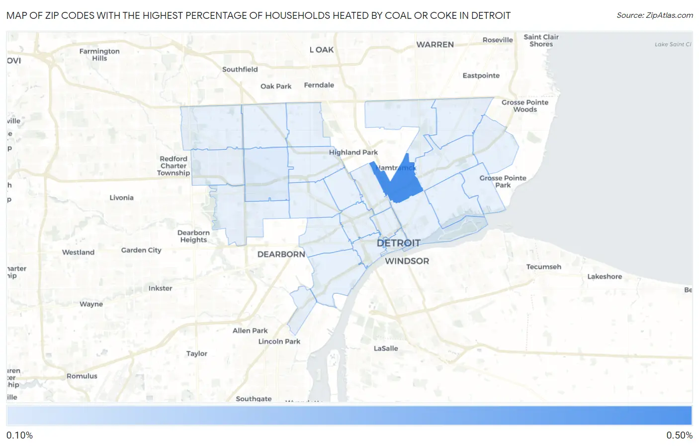 Zip Codes with the Highest Percentage of Households Heated by Coal or Coke in Detroit Map