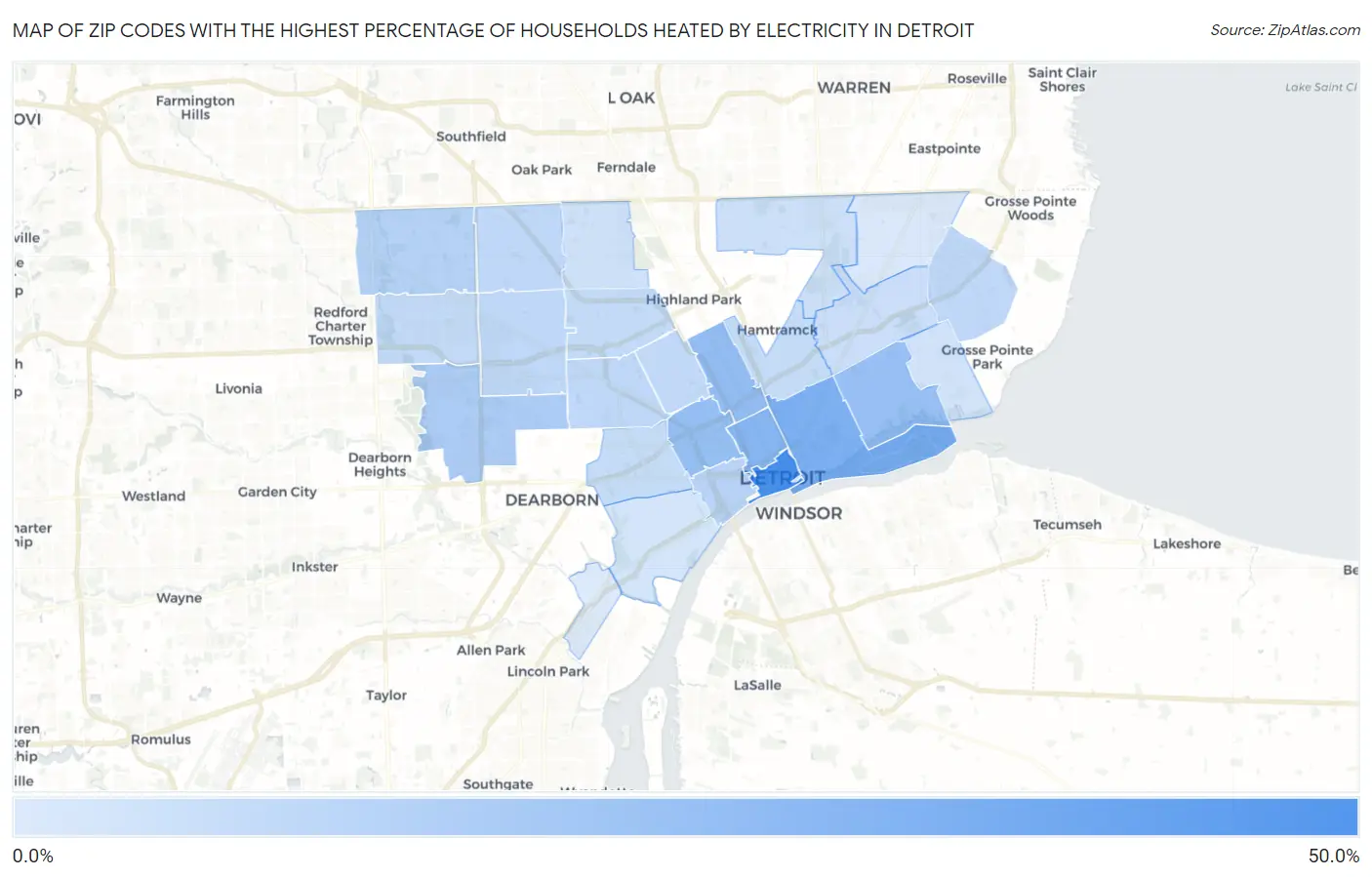 Zip Codes with the Highest Percentage of Households Heated by Electricity in Detroit Map