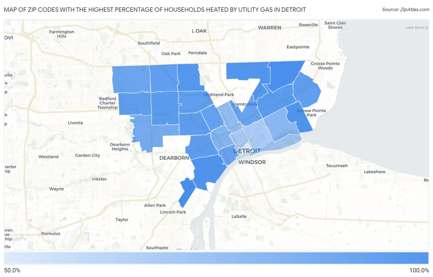 Zip Codes with the Highest Percentage of Households Heated by Utility Gas in Detroit Map