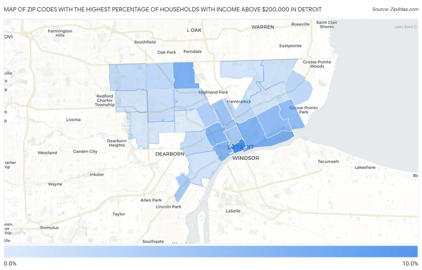 Zip Codes with the Highest Percentage of Households with Income Above $200,000 in Detroit Map