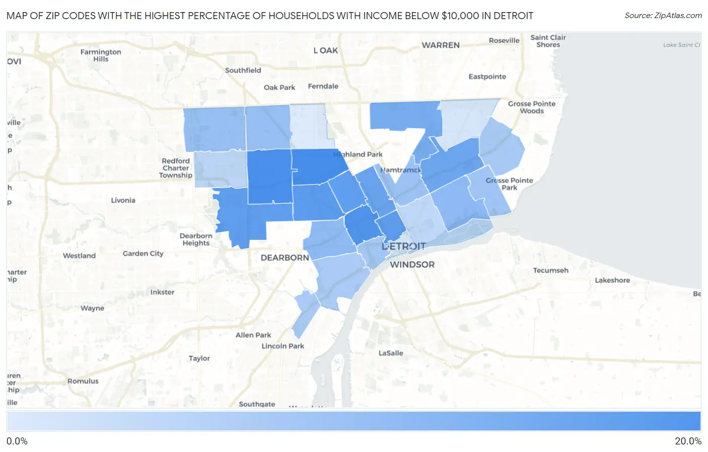 Zip Codes with the Highest Percentage of Households with Income Below $10,000 in Detroit Map