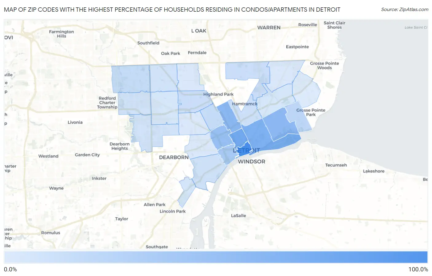 Zip Codes with the Highest Percentage of Households Residing in Condos/Apartments in Detroit Map