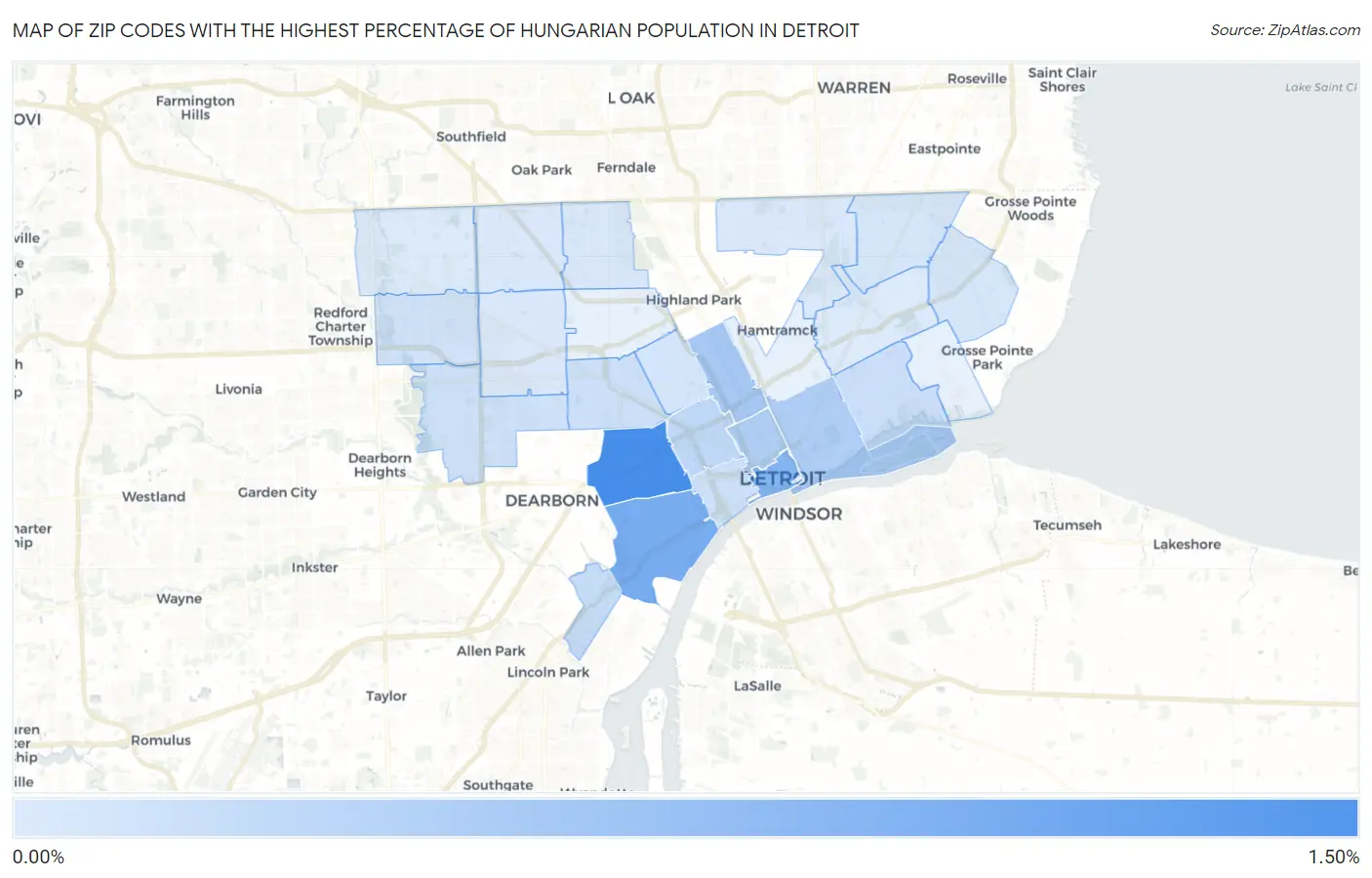 Zip Codes with the Highest Percentage of Hungarian Population in Detroit Map