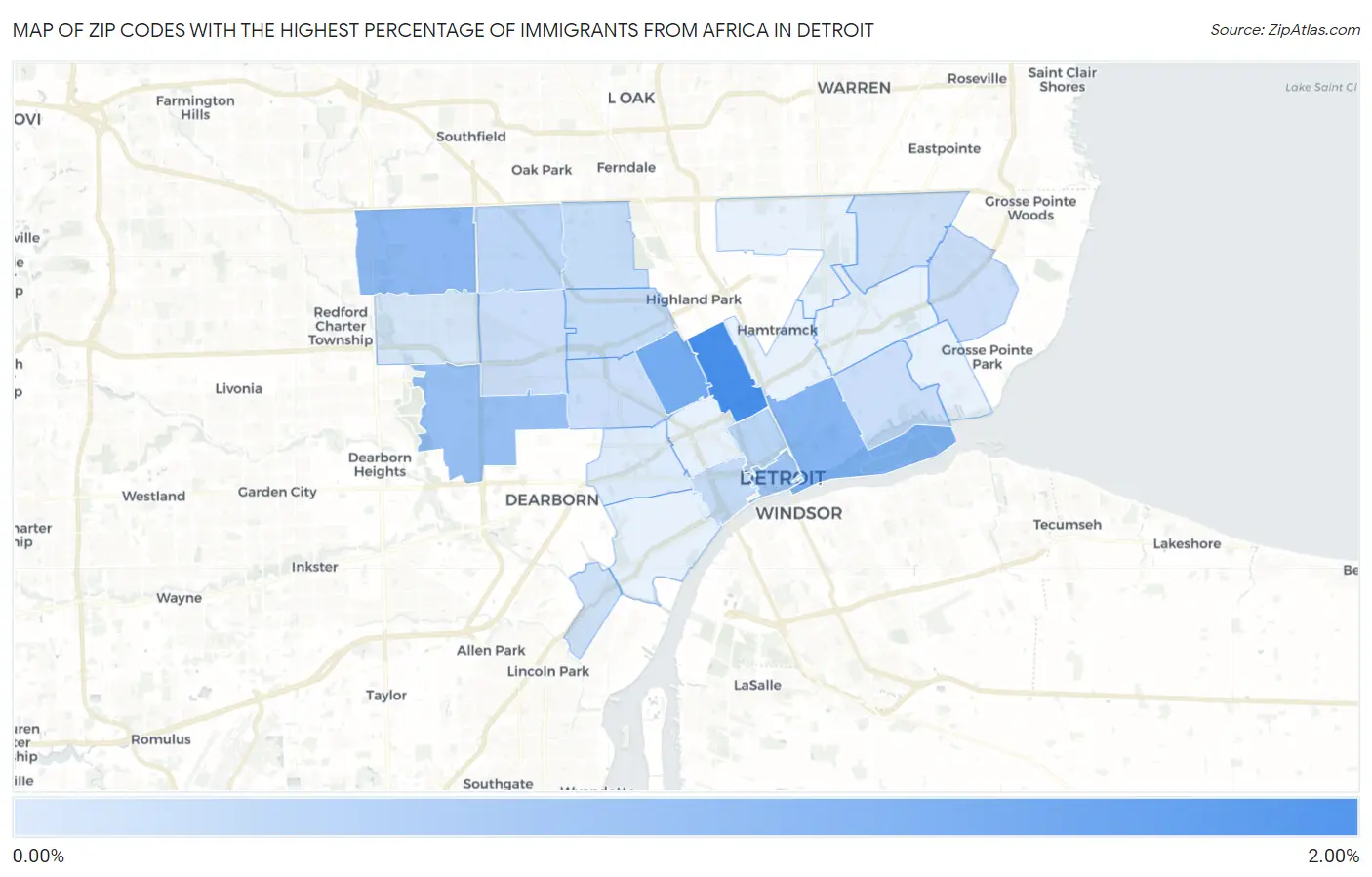 Zip Codes with the Highest Percentage of Immigrants from Africa in Detroit Map