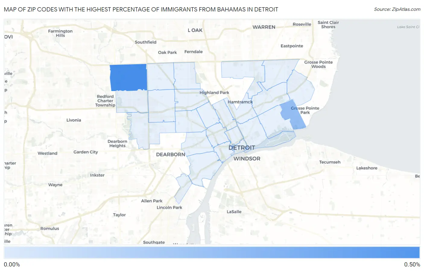 Zip Codes with the Highest Percentage of Immigrants from Bahamas in Detroit Map