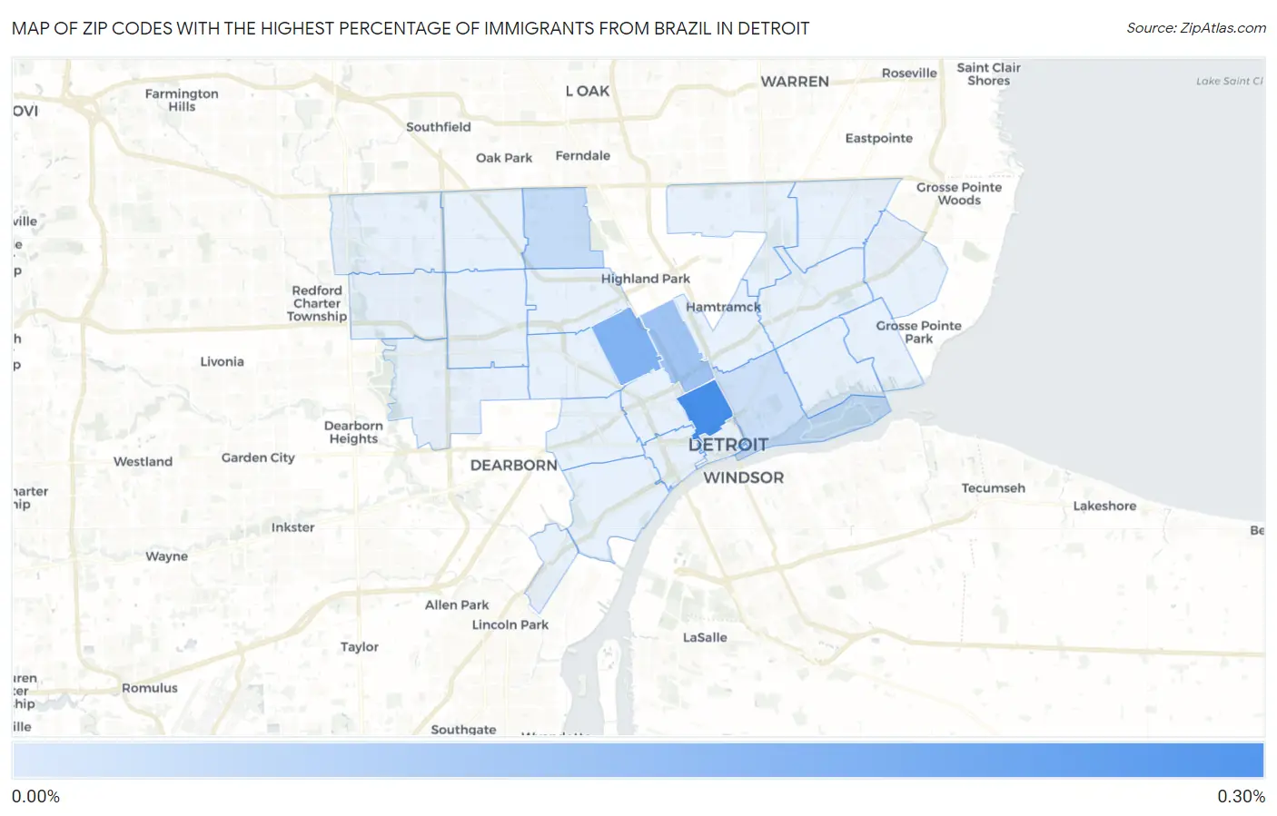 Zip Codes with the Highest Percentage of Immigrants from Brazil in Detroit Map