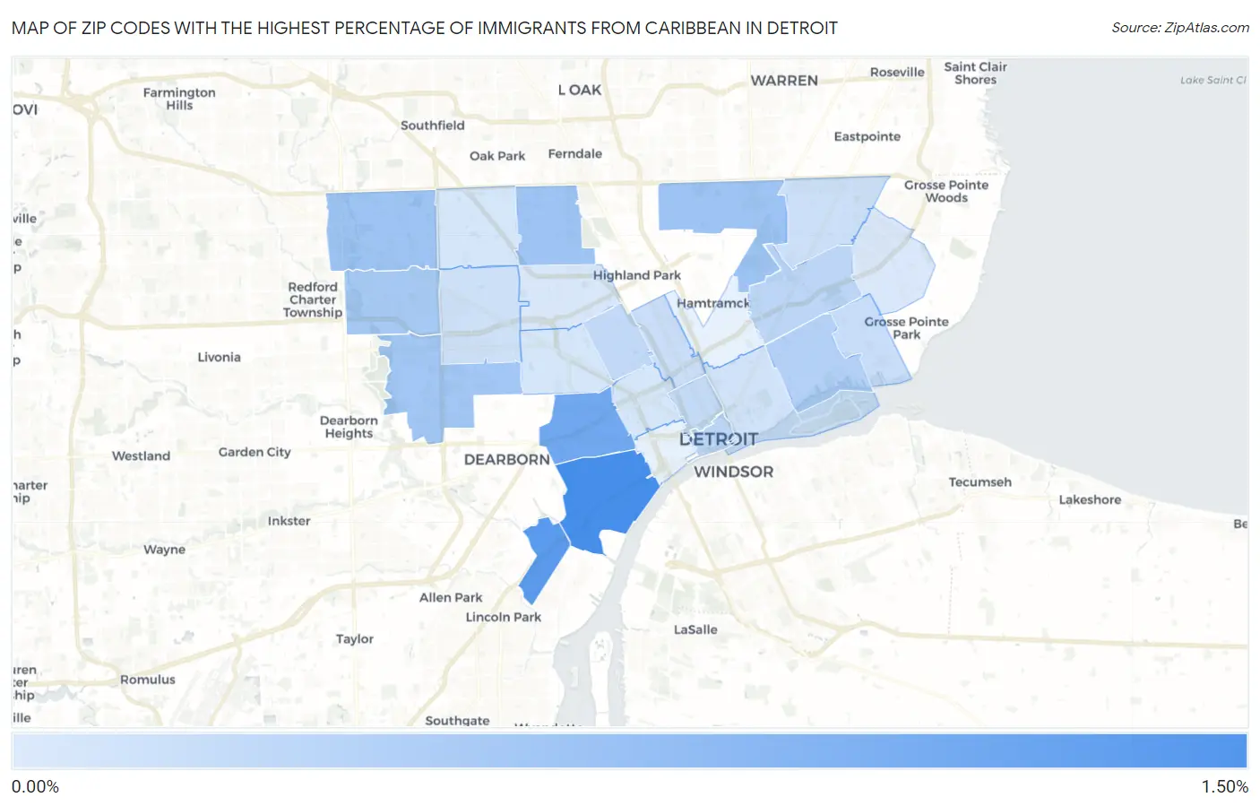 Zip Codes with the Highest Percentage of Immigrants from Caribbean in Detroit Map