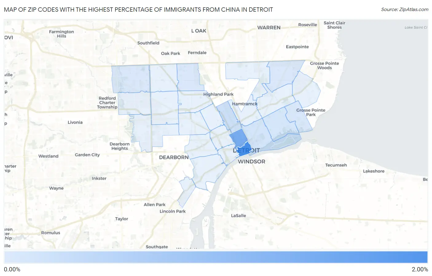 Zip Codes with the Highest Percentage of Immigrants from China in Detroit Map