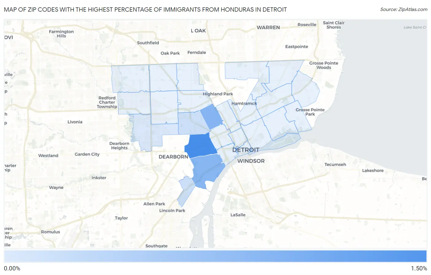 Zip Codes with the Highest Percentage of Immigrants from Honduras in Detroit Map