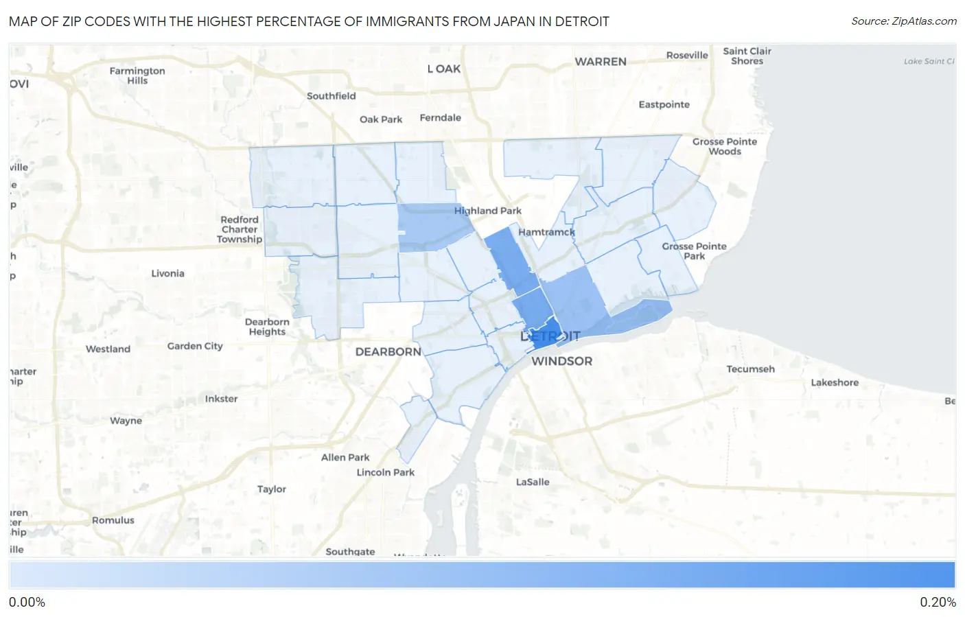 Zip Codes with the Highest Percentage of Immigrants from Japan in Detroit Map