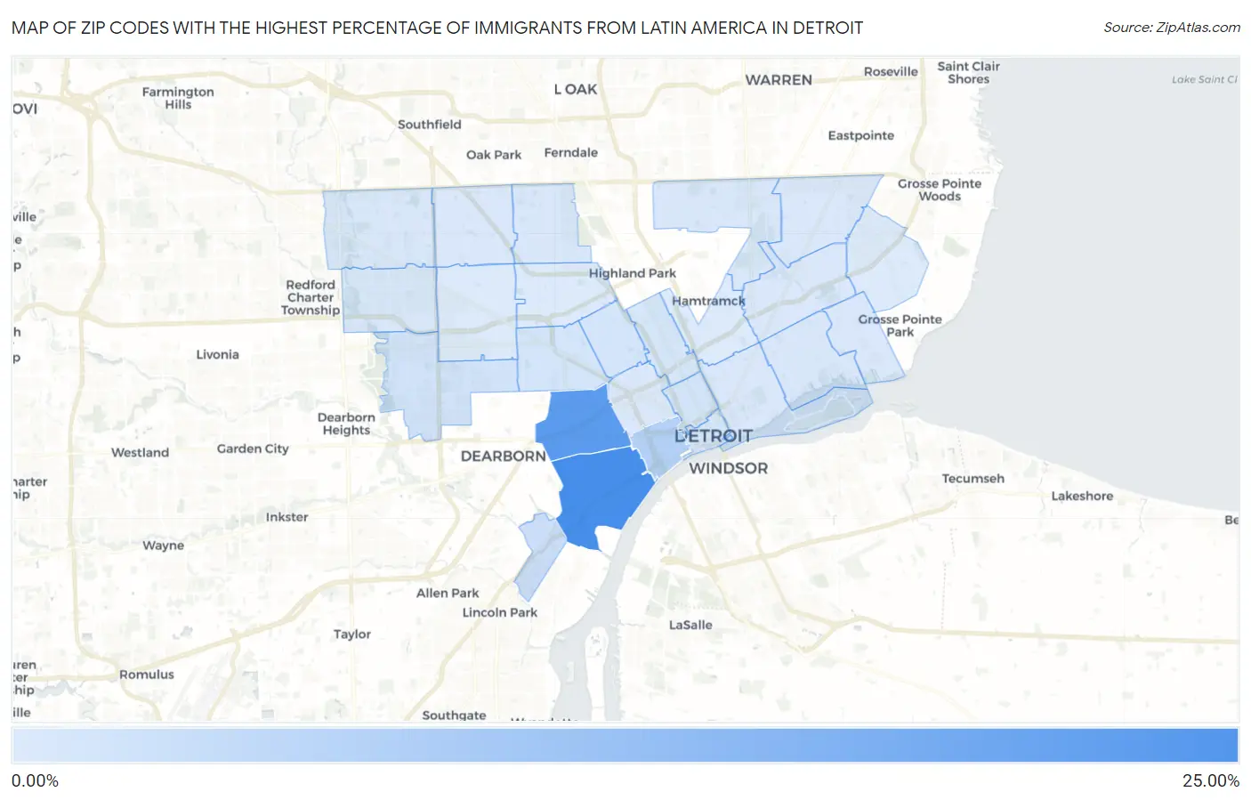 Zip Codes with the Highest Percentage of Immigrants from Latin America in Detroit Map