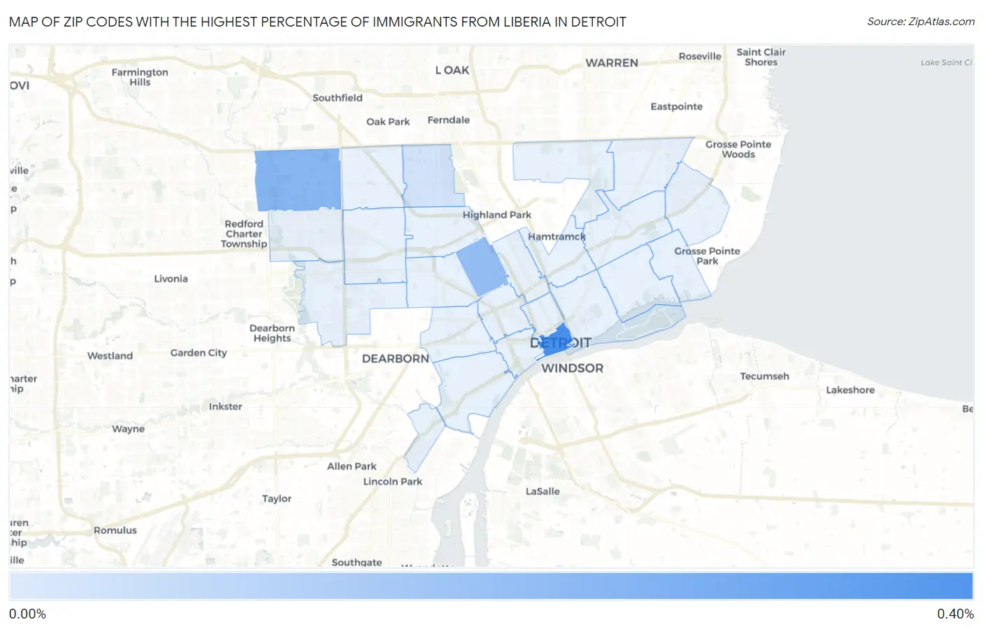 Zip Codes with the Highest Percentage of Immigrants from Liberia in Detroit Map