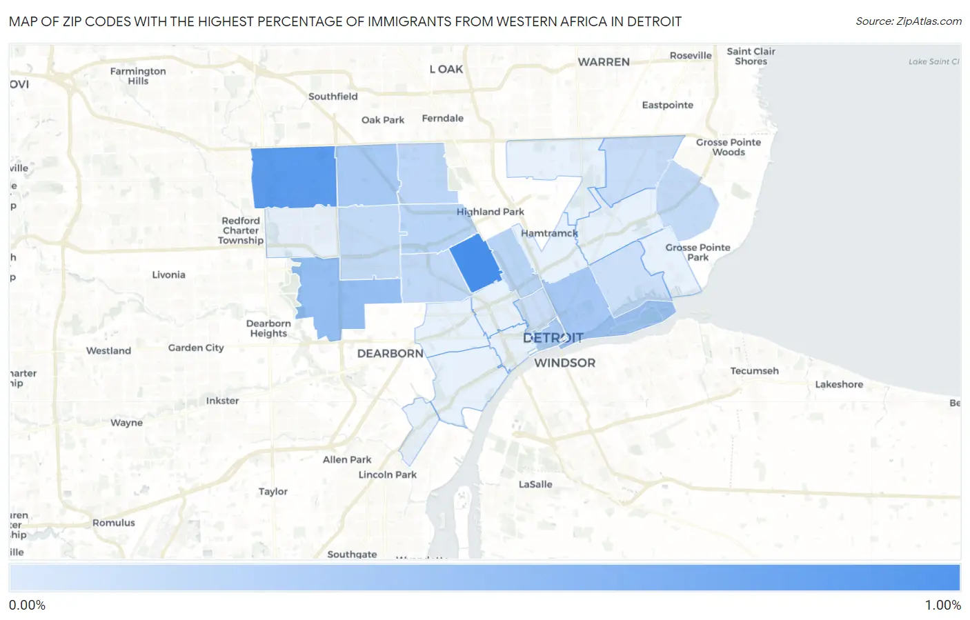 Zip Codes with the Highest Percentage of Immigrants from Western Africa in Detroit Map