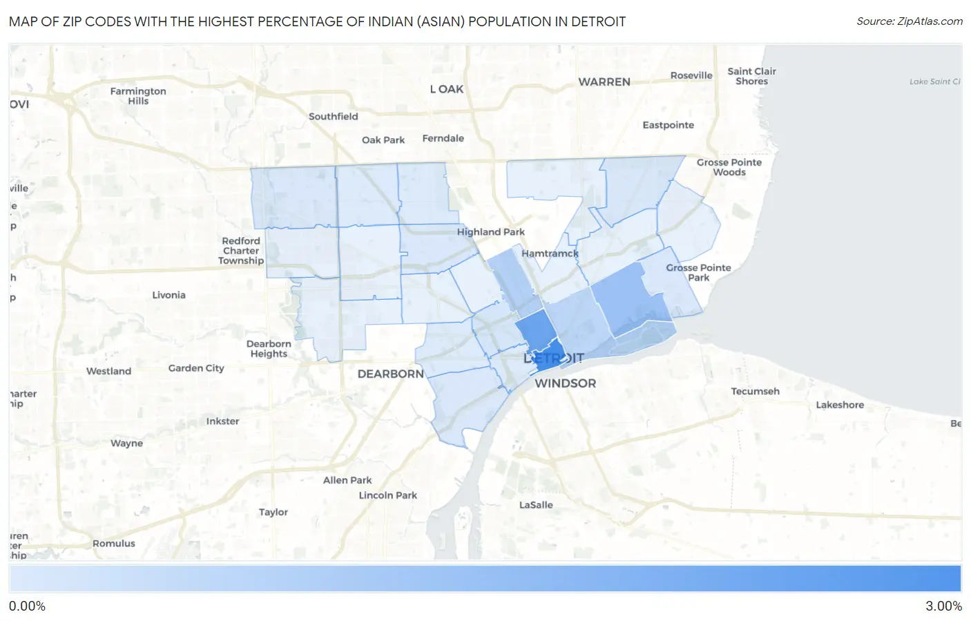 Zip Codes with the Highest Percentage of Indian (Asian) Population in Detroit Map