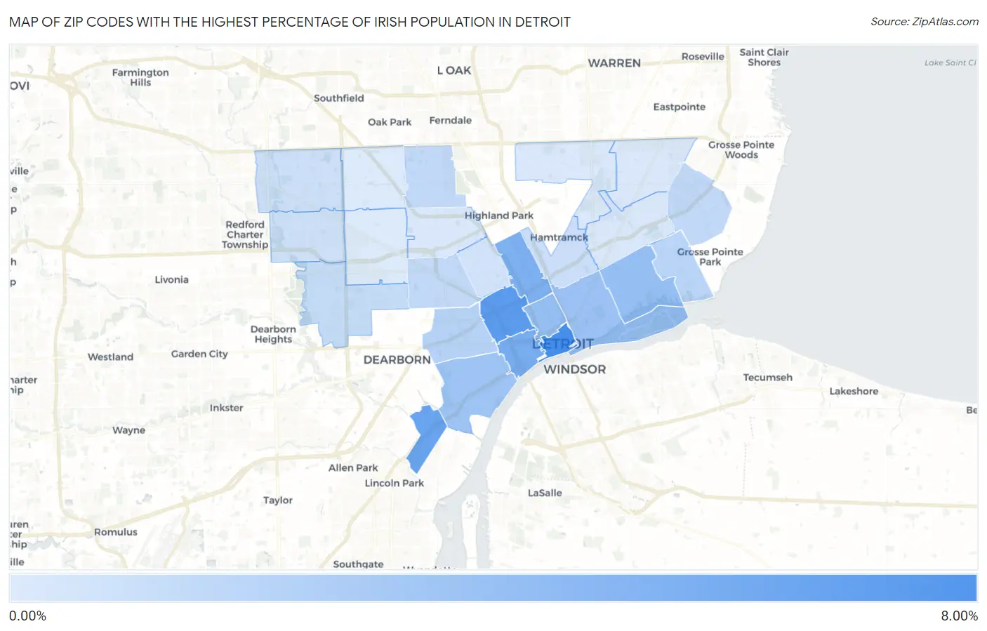 Zip Codes with the Highest Percentage of Irish Population in Detroit Map