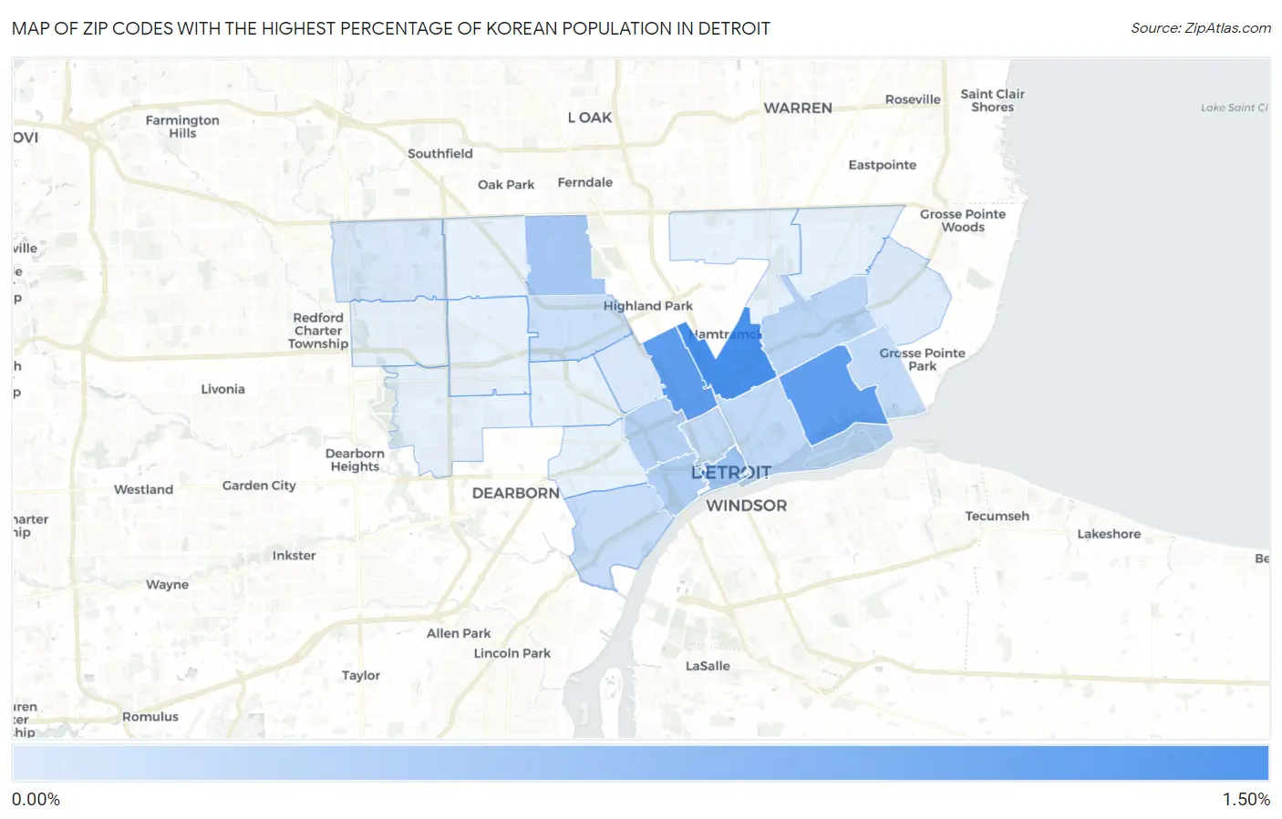 Zip Codes with the Highest Percentage of Korean Population in Detroit Map