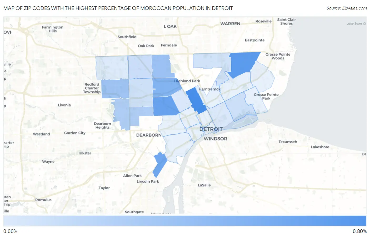 Zip Codes with the Highest Percentage of Moroccan Population in Detroit Map